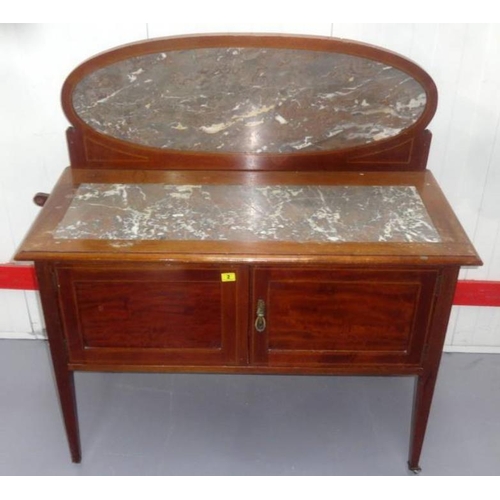 2 - Edwardian Mahogany Inlaid Washstand with pair panelled doors on square tapering supports, inset marb... 