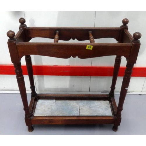 20 - Victorian Mahogany Stick Stand on turned supports, triple division with drip tray under