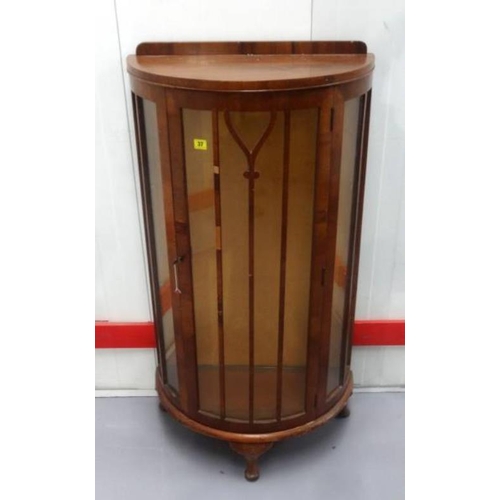 37 - Walnut Demi-Lune Side Cabinet with tall glazing bars, glass shelves, on short cabriole footed suppor... 