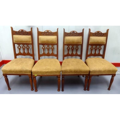 39 - Set 4 Oak High Backed Art Nouveau Side Chairs with overstuffed seats on turned supports, panelled ba... 