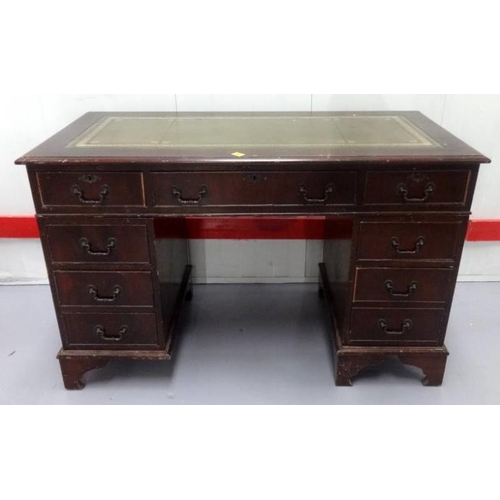 41 - Reproduction Mahogany Pedestal Desk with inset gilt tooled leather, requiring restoration