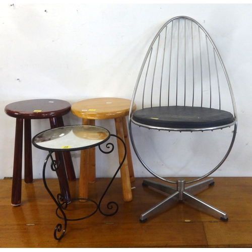 29 - Unusual High Backed Chrome Circular Seated Metal Chair with swivel mechanism on X-form base, Wrought... 