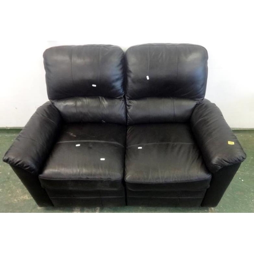 65 - Black 2 Seater Leather Look Reclining Sofa with club style arms