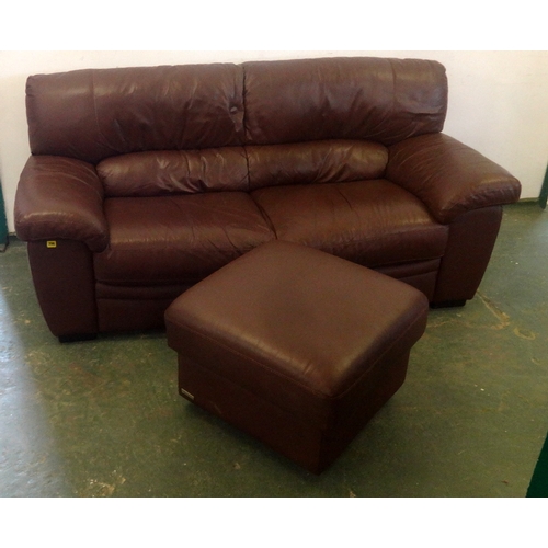 67 - 3 Seater Mid Brown Leather Settee & Matching Footstool (2)