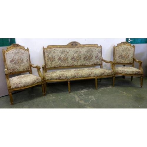 69 - Continental Gilt Framed 3 Seater Settee with acanthus leaf decoration, raised back rail with pierced... 