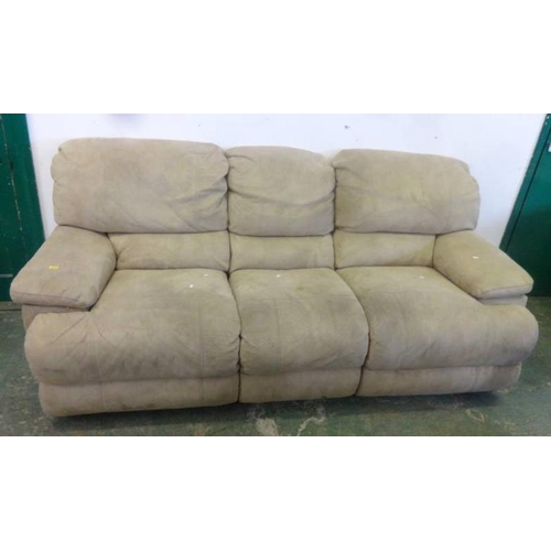 73 - Cream Suede Recliner 3 Seater Sofa with flat squab arm supports