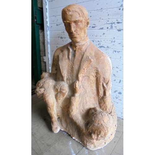 106 - Plaster Sculpture Man holding young children, unsigned, possibly French A/f