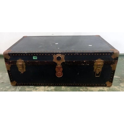 104 - Blue Trunk with metal fittings & leather carrying handles