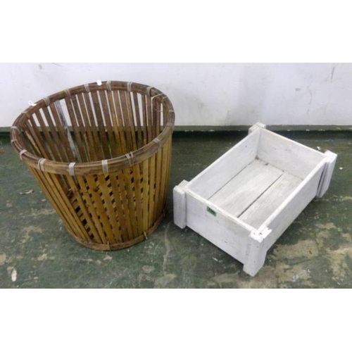 105 - White Painted Wooden Garden Trough & Slatted Basket Shaped Planter (2)