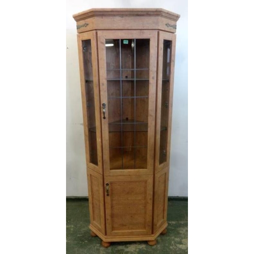 113 - Pine Standing Corner Cabinet, lower section with carved door, on flattened bun supports, superstruct... 