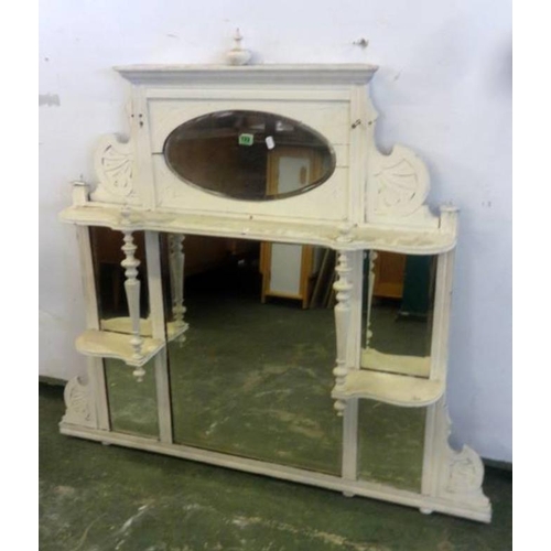 123 - Overpainted Victorian Over Mantel Mirror with bevelled glass, turned columns, small shelves with ova... 