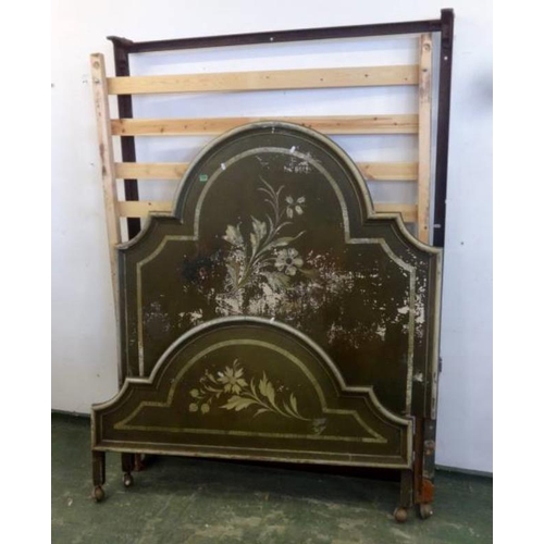 124 - Overpainted Continental Headboard with domed top painted with flowers, Matching Footboard & Mattress... 