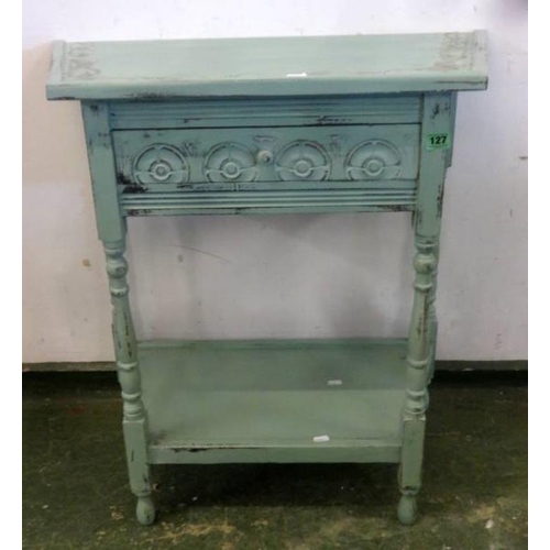127 - Green Painted Hall Table with under tier, lunette carved top & drawer on turned supports