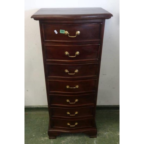 131 - Serpentine Fronted Narrow Chest of 7 Drawers with brass swan neck handles on bracket supports