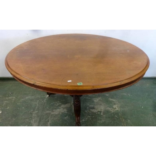 134 - Victorian Oval Walnut Loo Table on 3 carved cabriole style supports, flip-over top