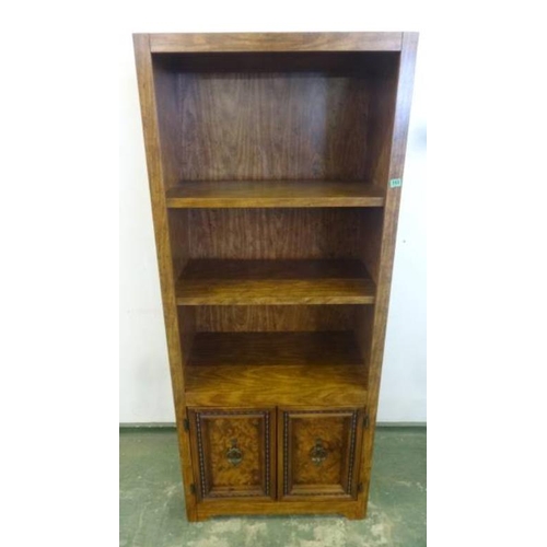 153 - Tall Standing Open Bookshelf Unit with pair deep panelled doors under, large bail handle fittings