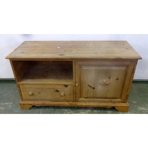 170 - Low Pine Side Unit with rectangular top, open hutch with drawer under, panelled door to side, on bra... 