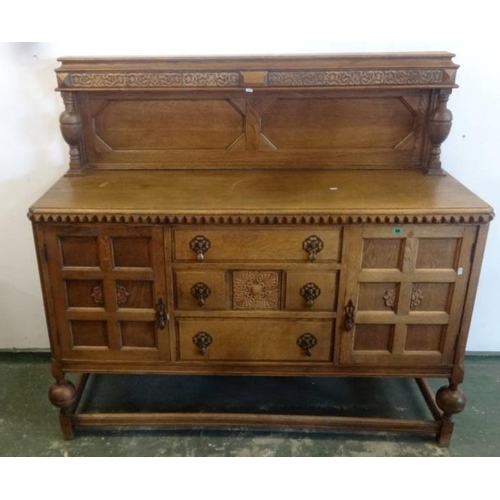 88 - Victorian Oak Sideboard on Elizabethan style turned supports with shaped stretcher, pair 6 panelled ... 