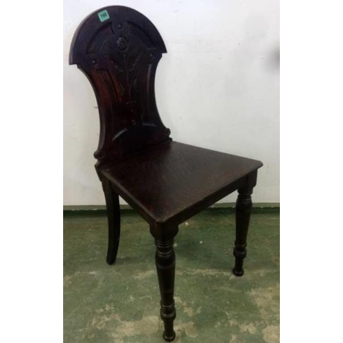 160 - Victorian Oak Hall Chair on turned front supports with relief carved domed back