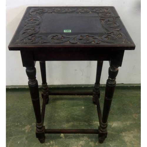 165 - Carved Square Topped Side Table on turned supports with stretchers