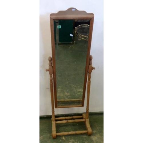 172 - Pine Framed Bevelled Glass Rectangular Full Sized Cheval Mirror with turned stretchers & scrolling f... 