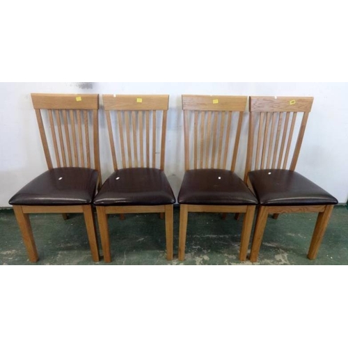 158 - Set High Backed Oak Dining Chairs with brown vinyl seats, multi slatted backs, on square section sup... 