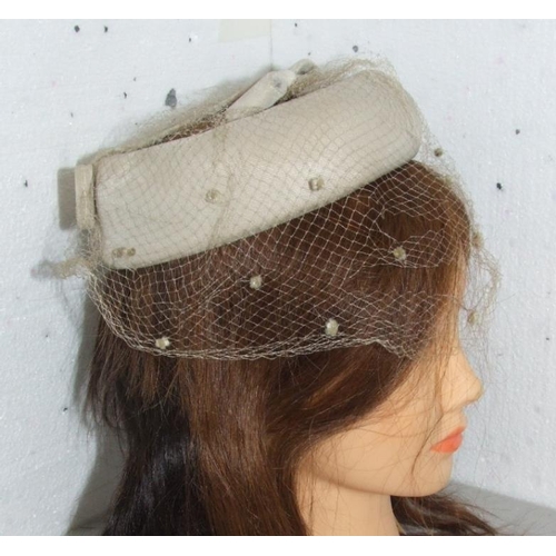 559 - Vintage Beige Velvet Pill Box Style Hat with veil, Silvered Metal & Beaded Evening Bag labelled Le S... 