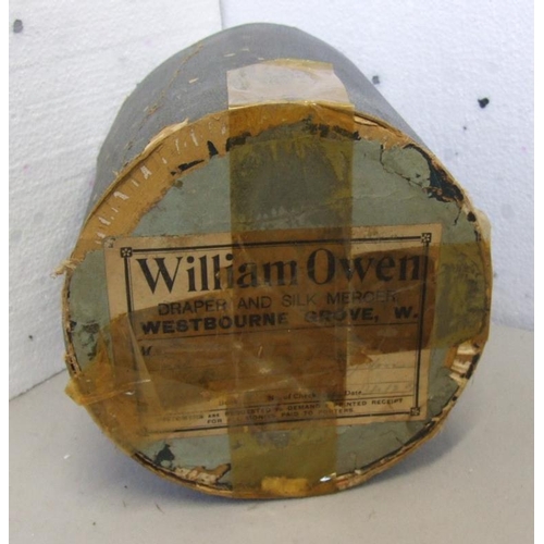 562 - Ladies 1920s? Moleskin & Feather Muff with satin lining & trim in card box labelled William Owen Dra... 