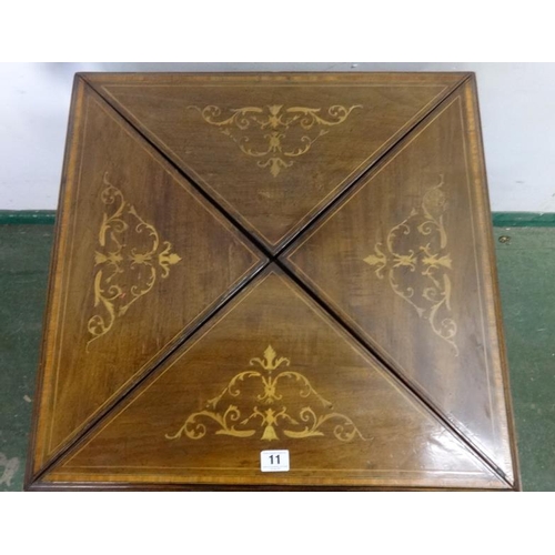 11 - Late C19th/Early C20th Marquetry Inlaid Envelope Games Table on stylised cabriole style supports, c-... 