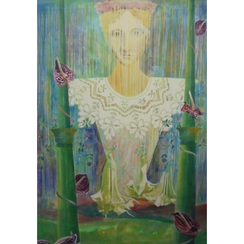 189 - 2 Large Acrylics on Canvas, seated figure in garden setting & female figure surrounded by flowers, b... 