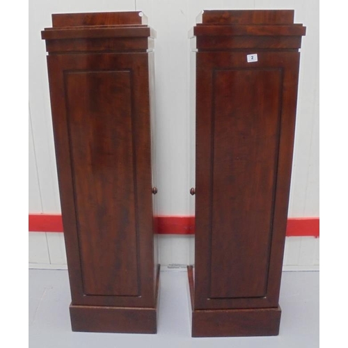 2 - Pair C19th Fiddle Back Mahogany Columns on plinth bases, panelled doors enclosing shelves, staged to... 