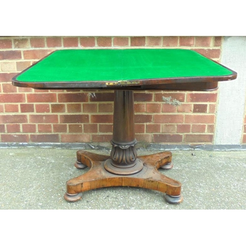 20 - C19th Rosewood Card Table on tapering centre column with acanthus leaf carved detail, on quatrefoil ... 