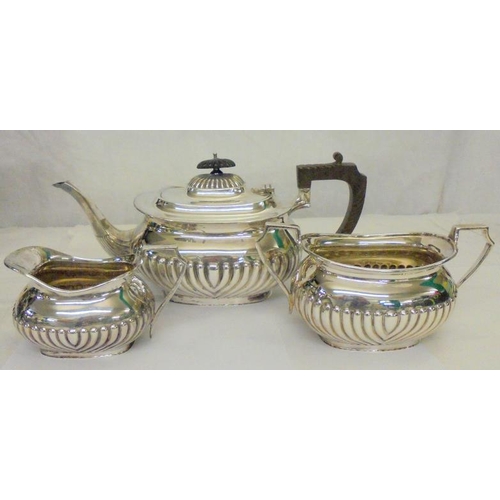 247 - Silver Queen Anne Style Half Fluted Tea Set Sheffield 1921: teapot, 2 handled sugar & milk jug, gild... 