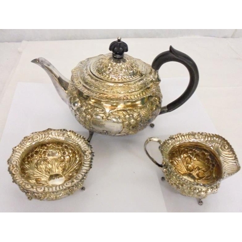 248 - Silver 3 Piece Tea Set, Sheffield 1920, makers mark HA, extensively embossed with flowers & berries,... 