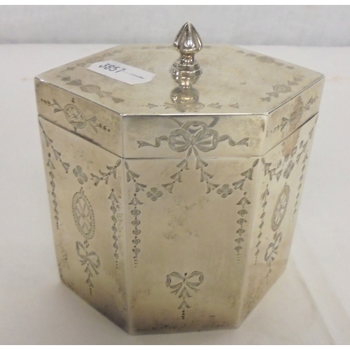 232 - George Unite Silver Hexagonal C18th Style Tea Caddy with bright cut decoration of bellflowers & swag... 