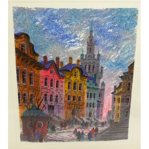 195 - F/g Watercolour East European? Street Scene with people in square, tower with minarets to distance, ... 