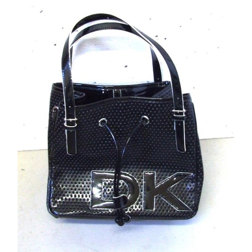 601 - DKNY Black Patent Faux? Leather Shoulder Bag with white trim marked DKNY, Guess Faux Leather Black H... 