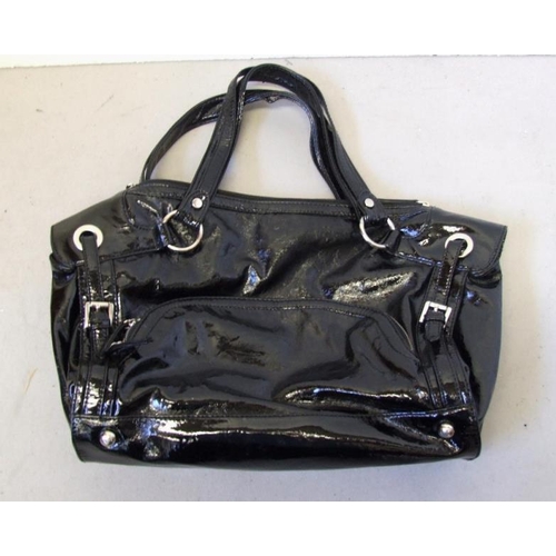 601 - DKNY Black Patent Faux? Leather Shoulder Bag with white trim marked DKNY, Guess Faux Leather Black H... 