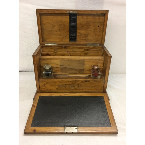 228 - Late C19th Olive Wood Stationary Cabinet, hinged cover enclosing staged pigeon holes, pen scoop, pai... 