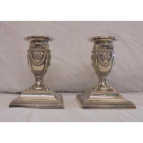 227 - Pair Silver Adams Style Dwarf Candlesticks on square bases with detachable sconces, stems decorated ... 