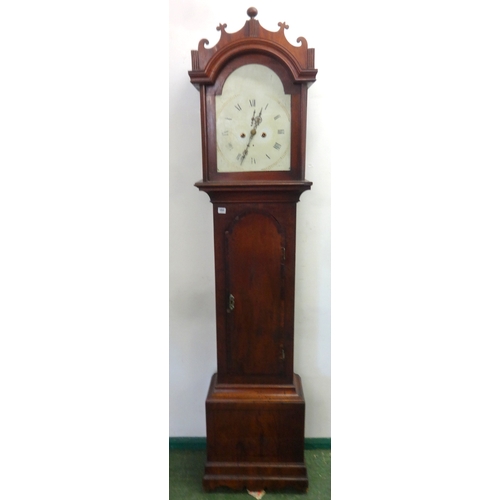 151 - Late C18th Mahogany Longcase Clock on shaped plinth base, trunk with cross banded dome topped door, ... 