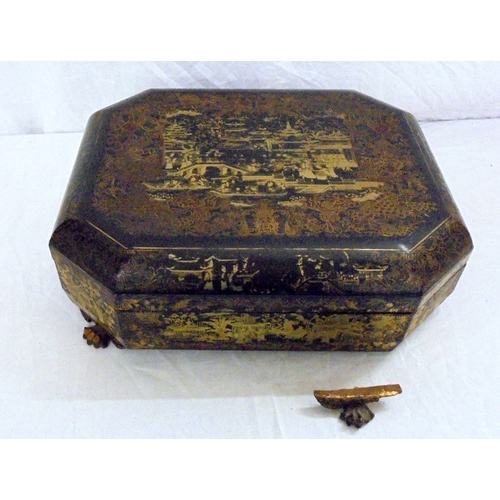 224 - Oriental Black Lacquer & Gilt Decorated Games Box, exterior decorated with figures on veranda & pago... 