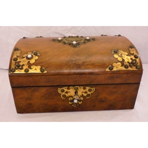 226 - Dome Topped Burr & Figured Walnut Workbox with engraved brass corners, small ceramic boss shaped dec... 