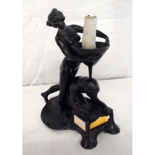 242 - Early C20th German Spelter Candle/Match Holder modelled as gentleman kneeling on lily pad over a che... 