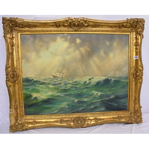 192 - Early C20th Oil on Canvas 3 Masted Ship in stormy sea with stormy sky, signed J Millington (John Mil... 