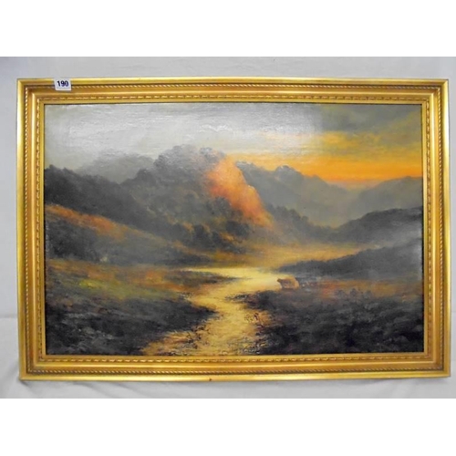 190 - Oil on Canvas Highland Cattle with sun setting over mountains, signed, in gilt frame, approx. 20