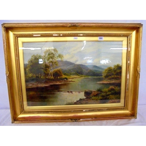 191 - F/g Oil on Canvas River Scene with hills to distance, wooded banks, signed W Fox, approx. 24