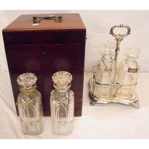 258 - C19th Silver Plated 4 Bottle Spirit Tantalus with labels Rum, Gin, Whisky & Brandy, decanters star c... 