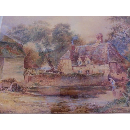 193 - Large F/g Watercolour Period Country House with pond, hay rick & lady drawing water from a well, tre... 