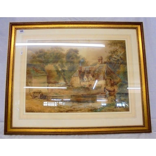 193 - Large F/g Watercolour Period Country House with pond, hay rick & lady drawing water from a well, tre... 